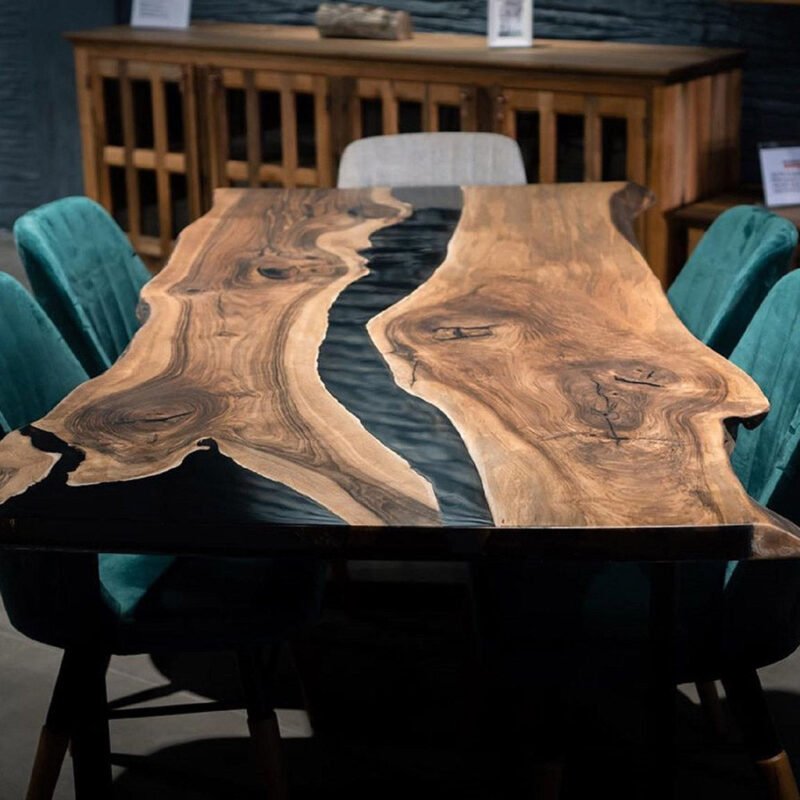 Top view of the Sylva Home custom walnut epoxy river dining table, model ET39.