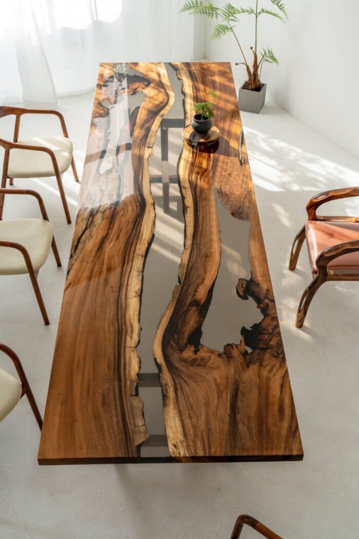 Full view of the Sylva Home custom walnut epoxy river slab dining table, model ET17, highlighting its overall design and finish.