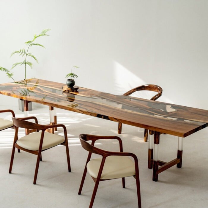 Side view of the Sylva Home custom walnut epoxy river slab dining table, model ET17, showcasing the edge and design.