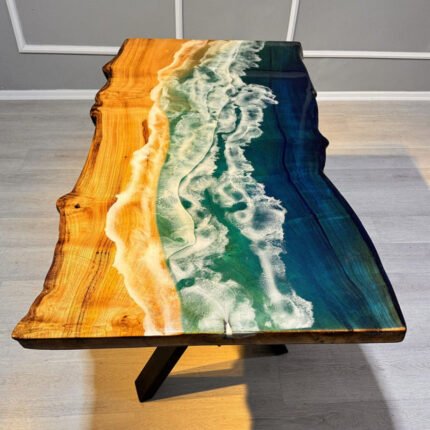 Top view of the Sylva Home custom walnut wood dining epoxy ocean table, model ET49.