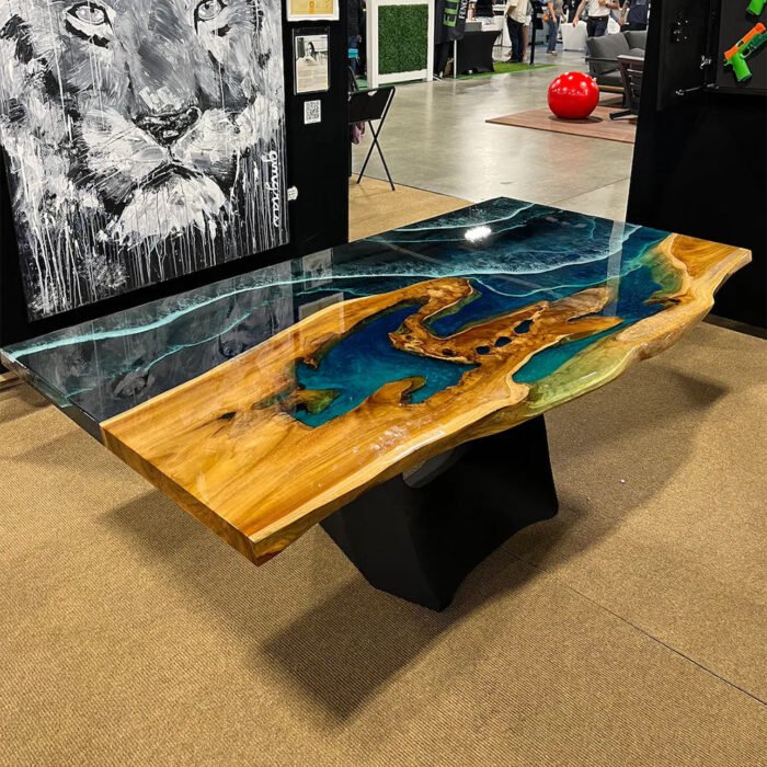 Top view of the Sylva Home custom walnut wood ocean wave epoxy dining table, model ET30.