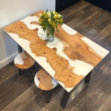 Top view of the Sylva Home custom white epoxy resin river dining table, model ET31.