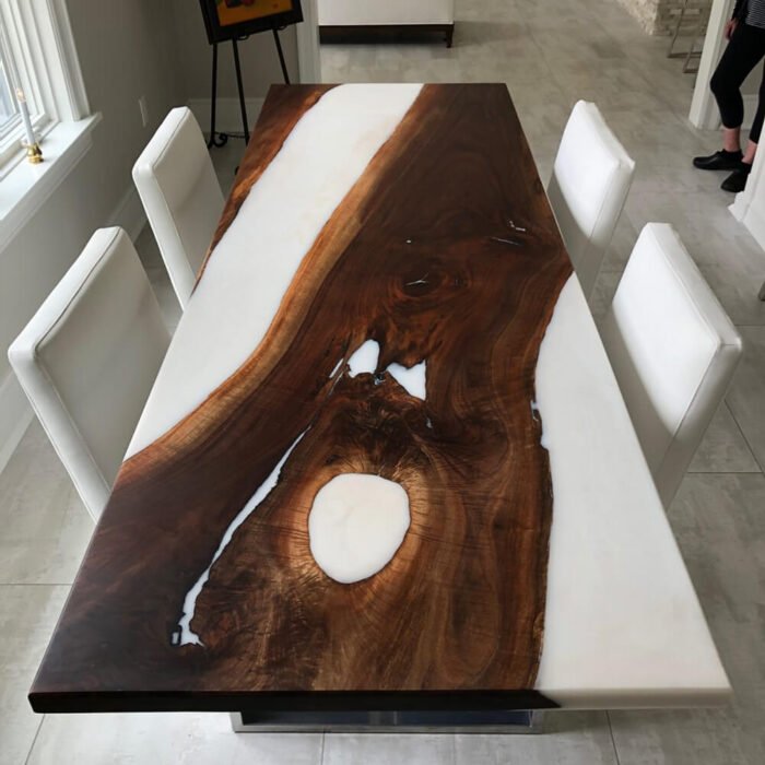 Side view of the Sylva Home custom white epoxy resin wood table, model ET8, showcasing the table’s edge and design.