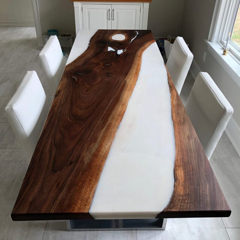 Top view of the Sylva Home custom white epoxy resin wood table, model ET8.