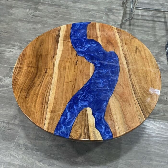 Top view of the Sylva Home custom blue epoxy river coffee table, round model ET74.