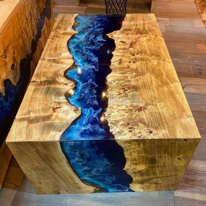 Top view of the Sylva Home custom epoxy blue river waterfall table, model ET62.