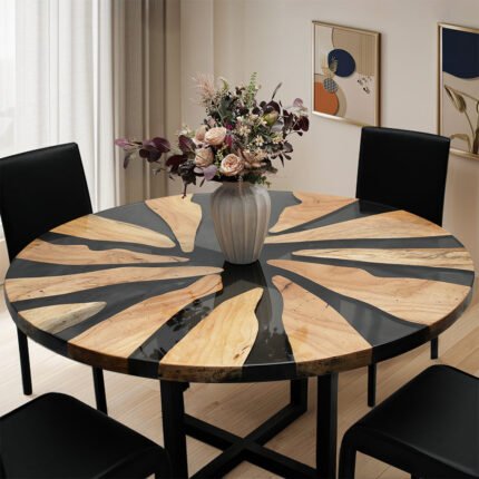 Full view of the Sylva Home custom epoxy dining table, round model ET77, highlighting its design and finish.