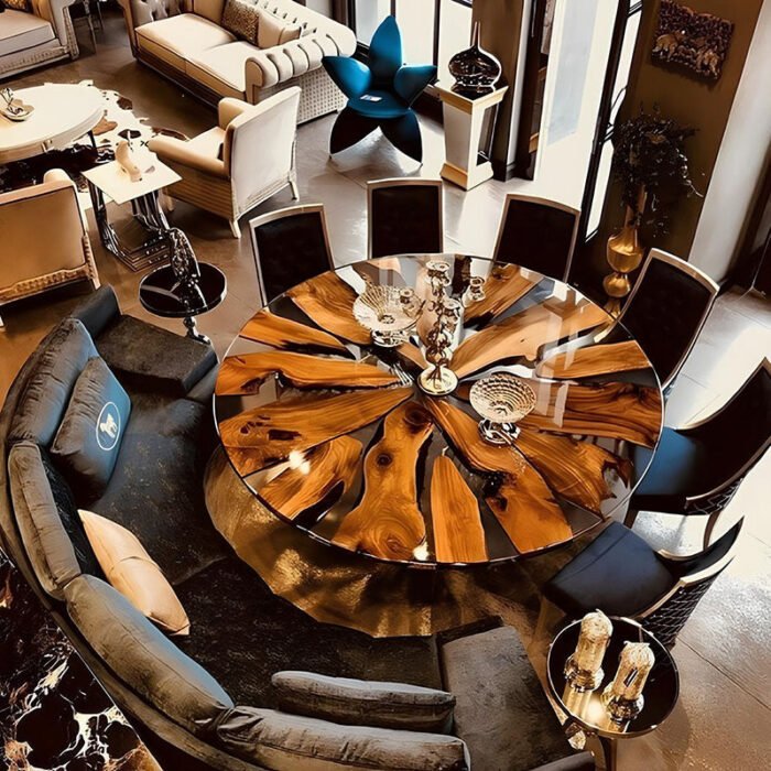 Top view of the Sylva Home custom epoxy dining table, round model ET77.