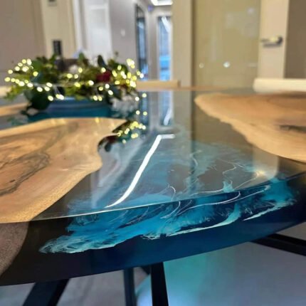 Close-up view of the epoxy resin detail on the Sylva Home custom epoxy round river coffee table, model ET70.