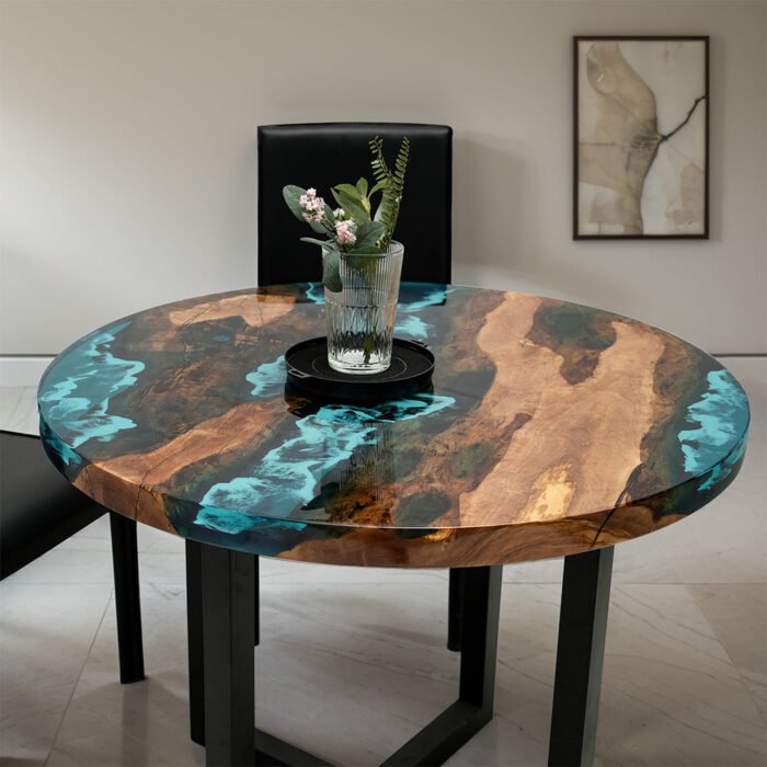 Full view of the Sylva Home custom epoxy round river coffee table, model ET70, highlighting its design and finish.