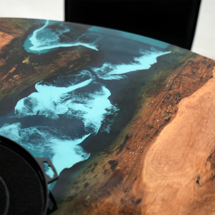 Close-up of the table surface finish on the Sylva Home custom epoxy round river coffee table, model ET70.