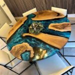 Top view of the Sylva Home custom epoxy round river coffee table, model ET70.