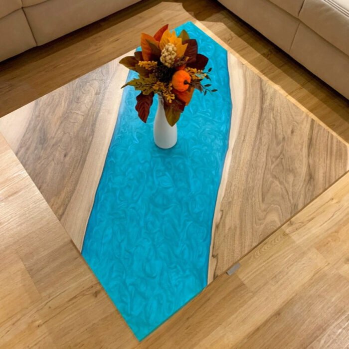 Top view of the Sylva Home custom epoxy square table for living room, model ET58.