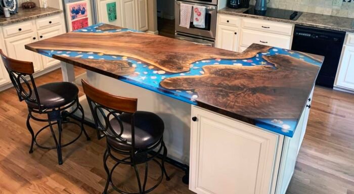 Top view of the Sylva Home custom kitchen epoxy river countertops, model ET60.