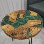 Close-up view of the resin detail on the Sylva Home custom resin round coffee table, model ET71.