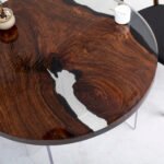 Close-up view of the epoxy resin detail on the Sylva Home custom round epoxy resin coffee table, model ET72.