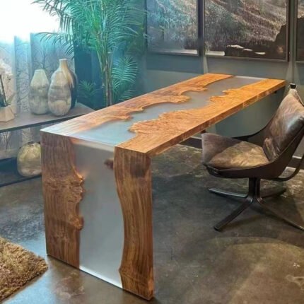 Top view of the Sylva Home custom walnut epoxy waterfall table, model ET61.