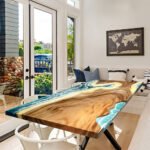 Full view of the Sylva Home custom walnut ocean wave epoxy table, model ET4, highlighting its design and finish.