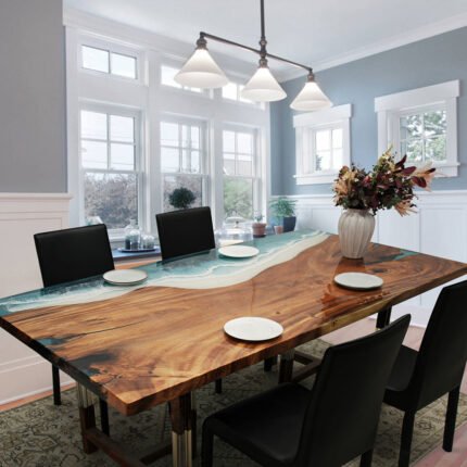 Side view of the Sylva Home custom walnut ocean wave epoxy table, model ET4, showcasing the table's edge and legs.