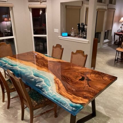 Top view of the Sylva Home custom walnut ocean wave epoxy table, model ET4.