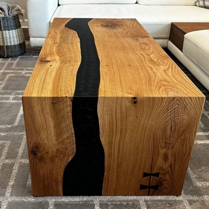 Full view of the Sylva Home custom waterfall river epoxy coffee table, model ET67, highlighting its design and finish.